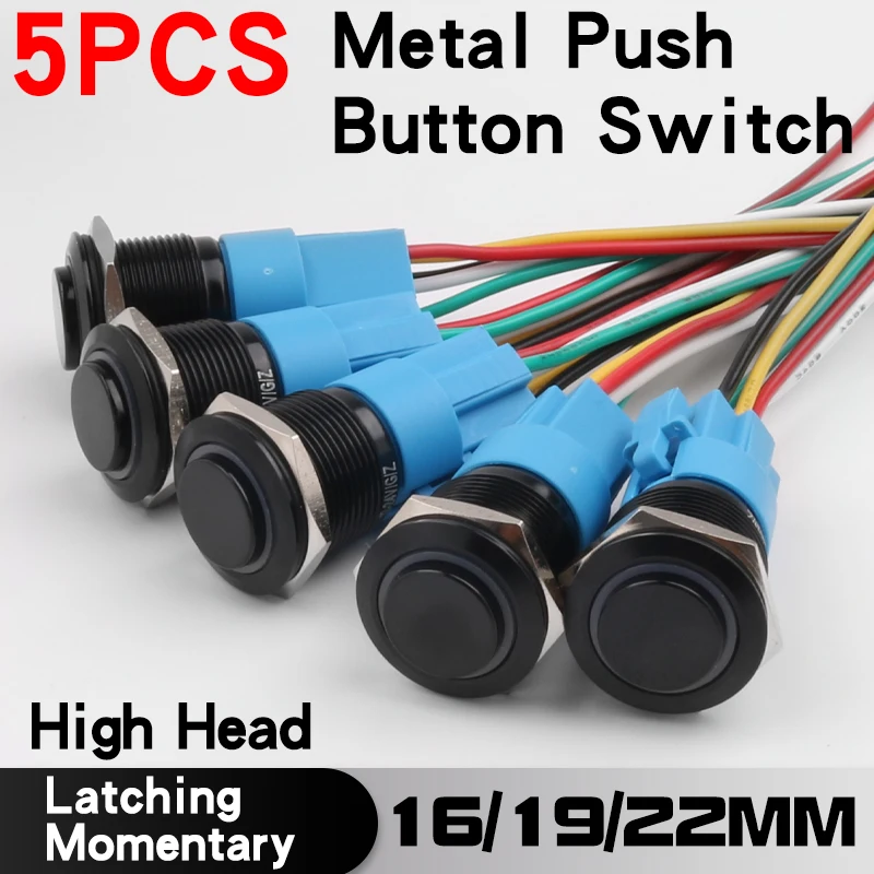 

5PCS Metal Button Switch Black Shell High Head 16/19/22mm Waterproof LED Momentary Reset Latching Button Switch 12V 24V 220V