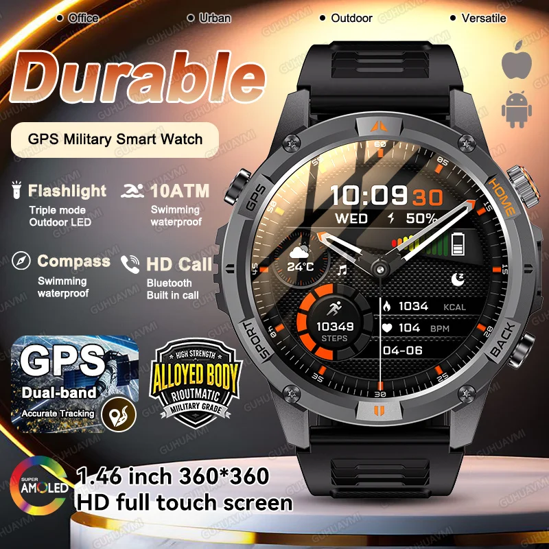 

2026 New Military GPS Smart Watch AMOLED HD Screen Built-in Dual-band AGPS 10ATM Waterproof Compass Fitness exercise Smartwatch
