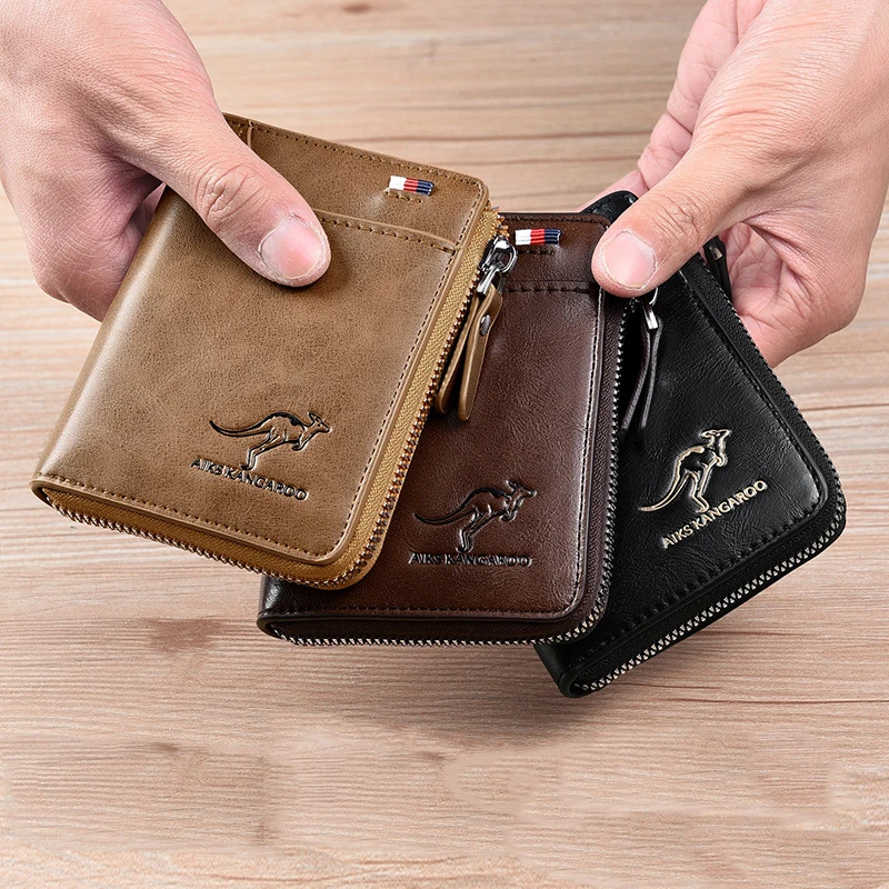 

2021 Men's Wallet Genuine Leather Credit Card Holder RFID Blocking Zipper Pocket Men Bag Thin Wallet with Coin Bag Zipper Wallet