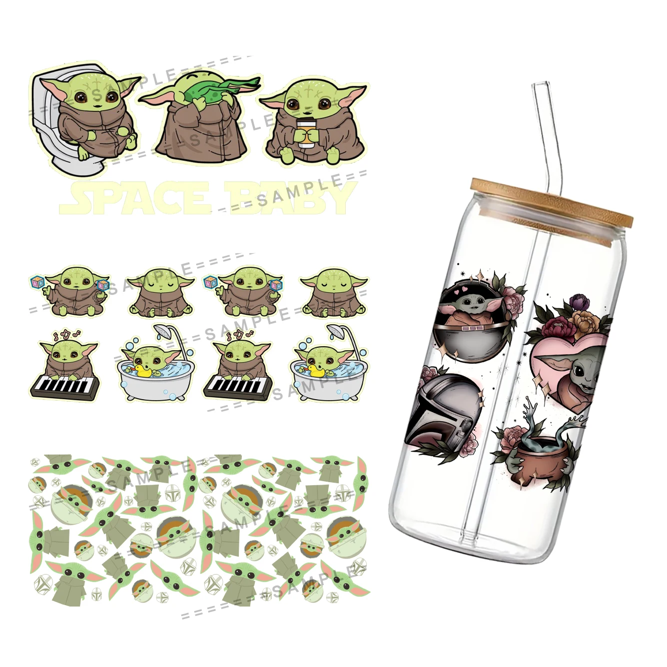 Star Wars Yoda Pattern UV DTF Transfer Sticker Waterproof For 16oz Glass Cup Wrap Stickers