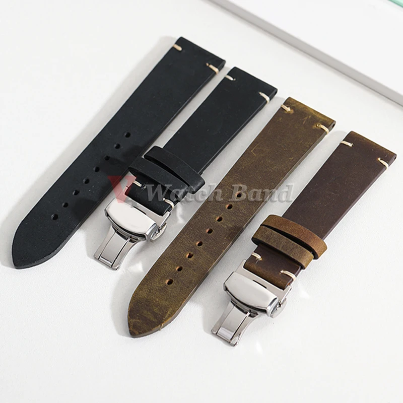 Stitching Cowhide Strap for Omega 18/19/20/21/22/24mm for Wrist Bracelet for Seiko Vintage Leather Watch Band Butterfly Buckle