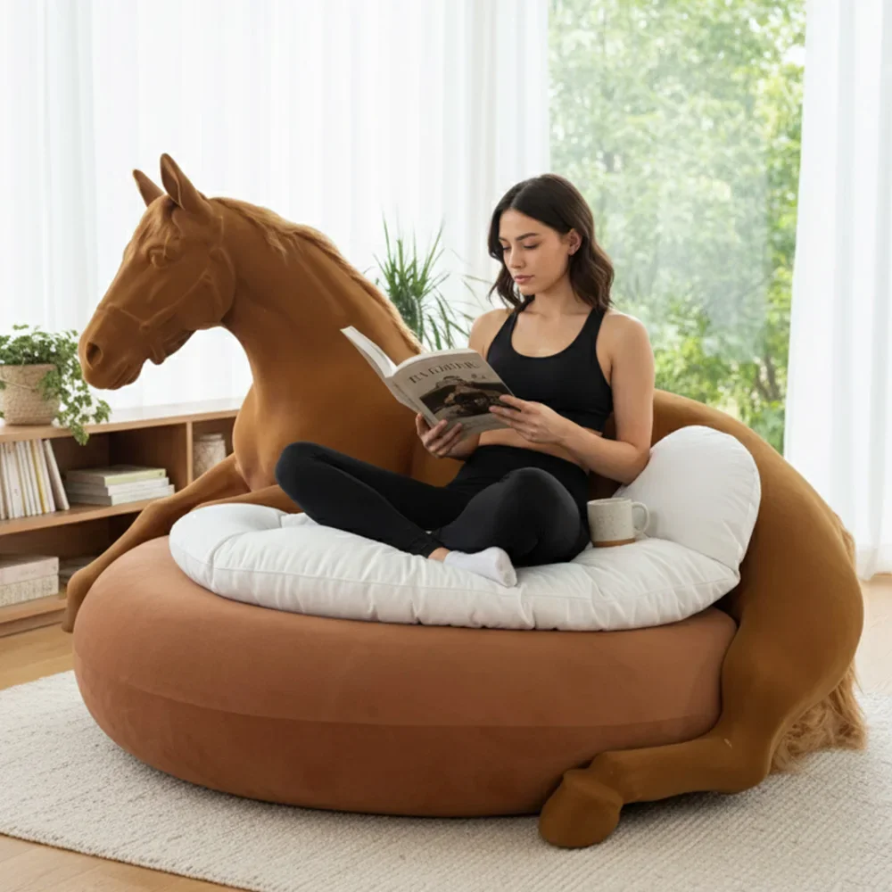 Life Size Horse Shaped Sofa Couch Sofa Unique Animal Shape Reading Nook Oversized Horse Bean Bag Lounger with Back Support