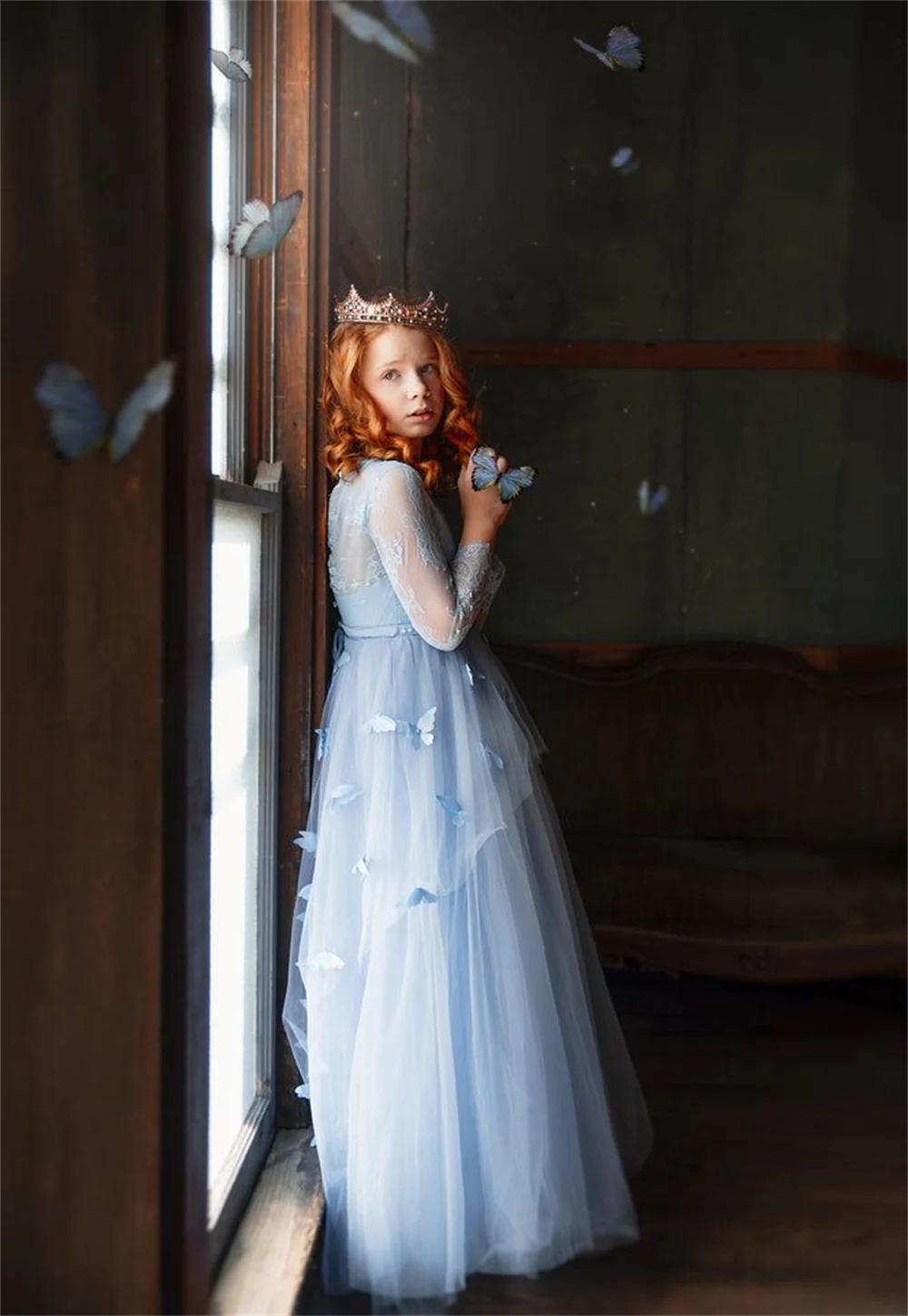 Vestido elegante azul claro de flores para niña, gasa de mariposa, corte en A, primera comunión, fiesta de cumpleaños, boda, evento Formal