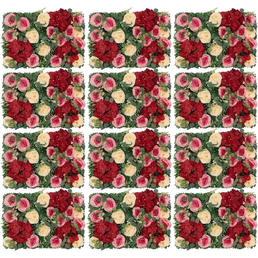 

16in Flower Wall Panel, 3D Artificial Silk Rose Mat for Wedding Backdrop Decor, Photo Floral Wall DIY Arrangement (Red+Yellow+Pi