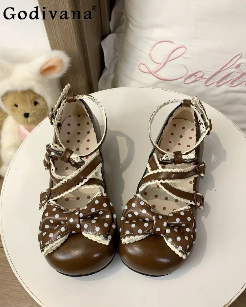 

Sweet Cute Japanese Original Lolita Low Heel Single Shoes Round Toe Polka Dot Lace Trim Bow Cross Strap Mary Jane Single Shoes
