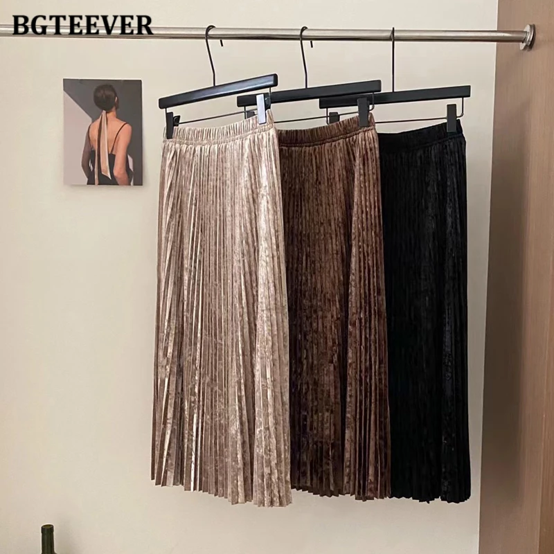 BGTEEVER-Elegantes e Elegantes Saias Plissadas Femininas, Elegante Cintura Alta, Outono-Inverno Senhoras Comprimento Médio Saias Linha A, Monocromáticas