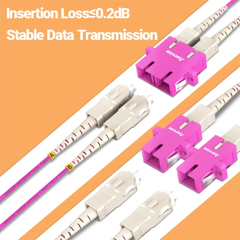 AMPCOM-Cable de fibra óptica OM4 SC a SC UPC, Cable de conexión multimodo Duplex MMF 50/125μm 40gbps, curva sensible, 2,0mm