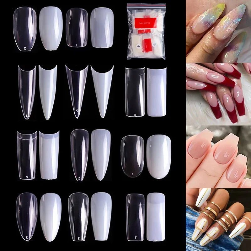 500pcs/bag Coffin False Nail Tips Clear Ballerina Stiletto Rounded Square Acrylic Fake Nails Extension System UV Gel Manicure