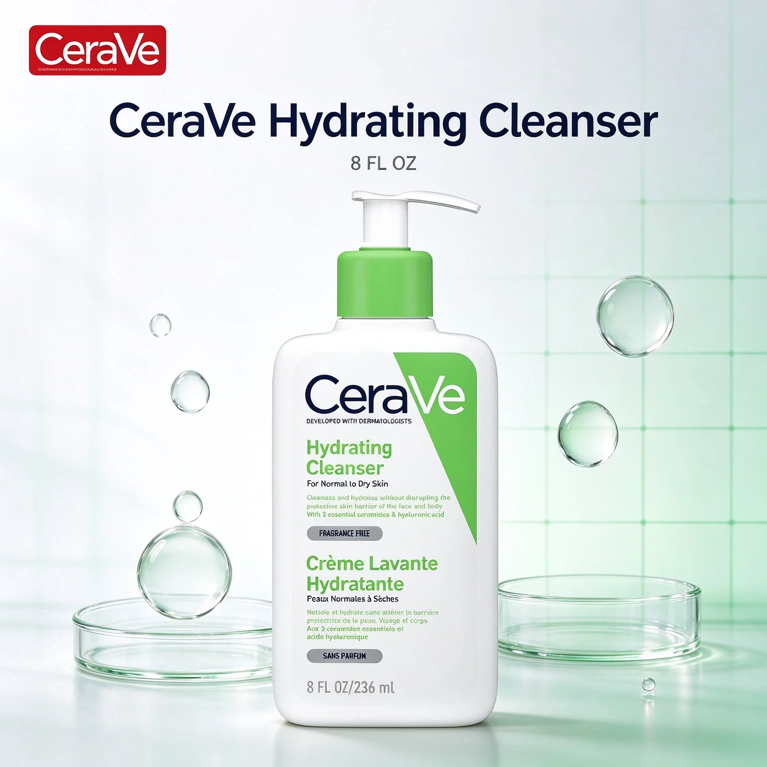 CeraVe For Normal to Dry Skin Hydrating Cleanser, Fragrance Free Crème Lavante Hydratante 8 FL OZ (236ml)