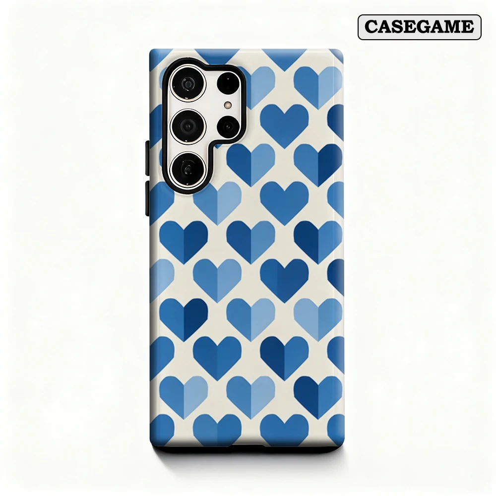 Casegame Phone Case for Samsung Galaxy S25 S26 Ultra S24 S23 Ultra Plus Shockproof Double Layer Blue Heart Grid Cover