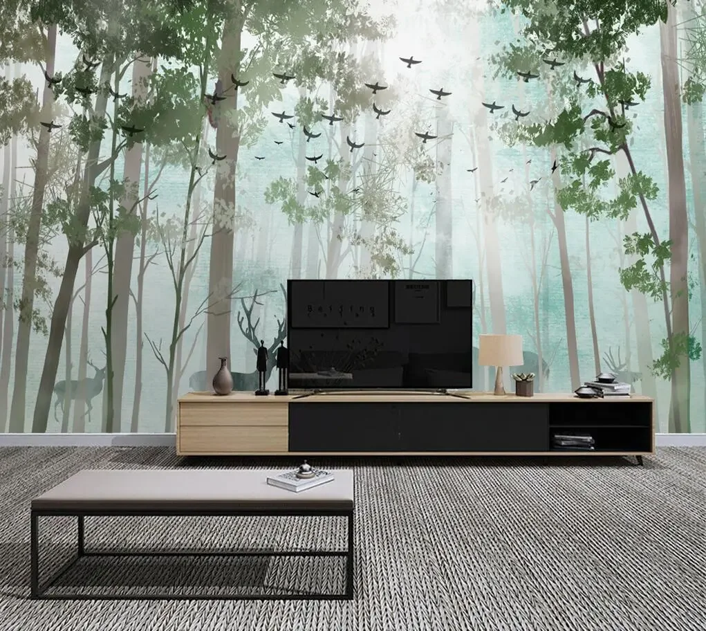 

Modern custom murals simple fresh forest elk Nordic TV sofa background wall wallpaper