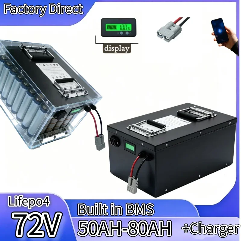 24S 72V LiFePO4 Battery Pack 50/60/80Ah 100A Bluetooth APP BMS Long Cycle Life Lithium Iron Phosphate Battery for High Power E-F