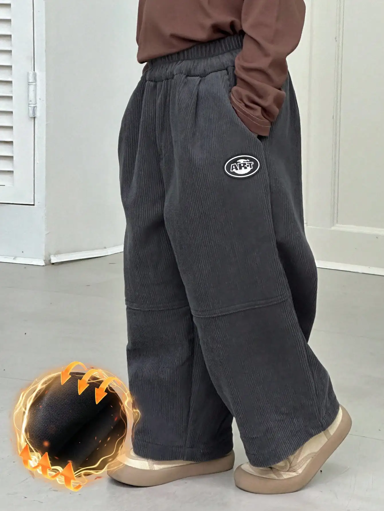 

Kids Thermal Lined Corduroy Pants with Elastic Waist and Patch Pocket