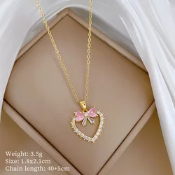 Stainless Steel Chain Sweet Romantic Love Heart Bow Pendant Necklace for Women Girls Lovely Jewelry Accessories Gifts for Lover