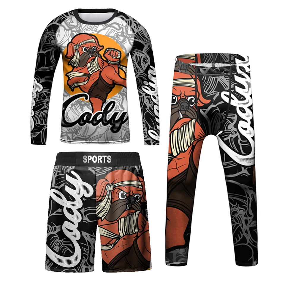 Kid Boxing MMA Jiu jitsu T-shirts+Pant Suit Bjj Rashguard Gi Kickboxing Boys Tee Children Muay Thai Shorts MMA Compression Shirt