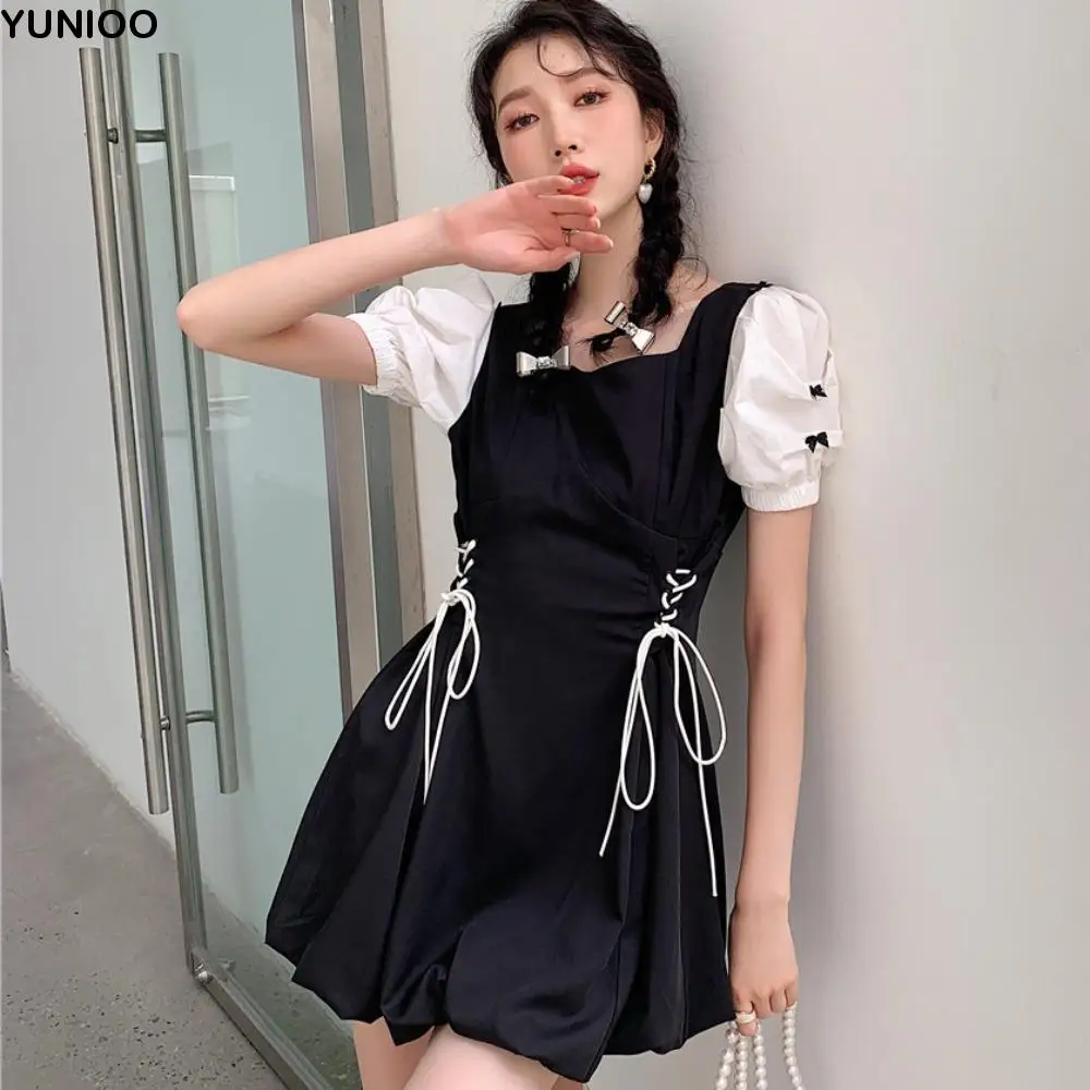 

Temperament Pleated Short Dress Women Sweet High Waist A- Line Fairy Dress Lace up Mini Dress Puff Short Sleeve Dress Vacation