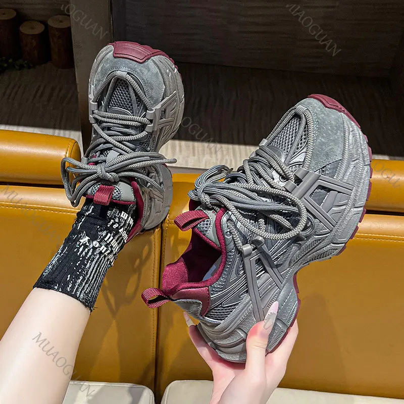 Simple Causal Chunky Sneakers Breathable Women Mesh Mixed Color Lace-Up Sports Shoes Fashion Ladies Height Increasing Footwears