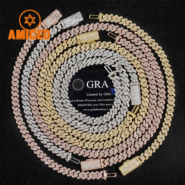 Link Cuban Chain Moissanite Custom 925 Silver 8mm White Yellow Rose Gold Plated Cuban Moissanite Chain.