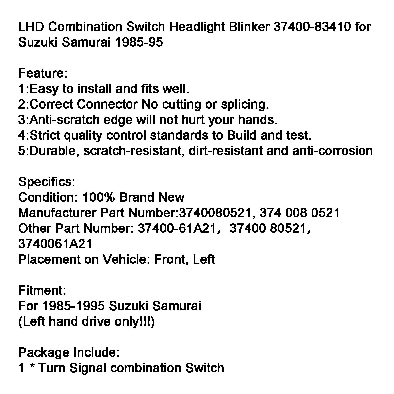 Areyourshop LHD Combination Switch Headlight Blinker 37400-83410 for Suzuki Samurai 1985-95 Car Accessories Parts