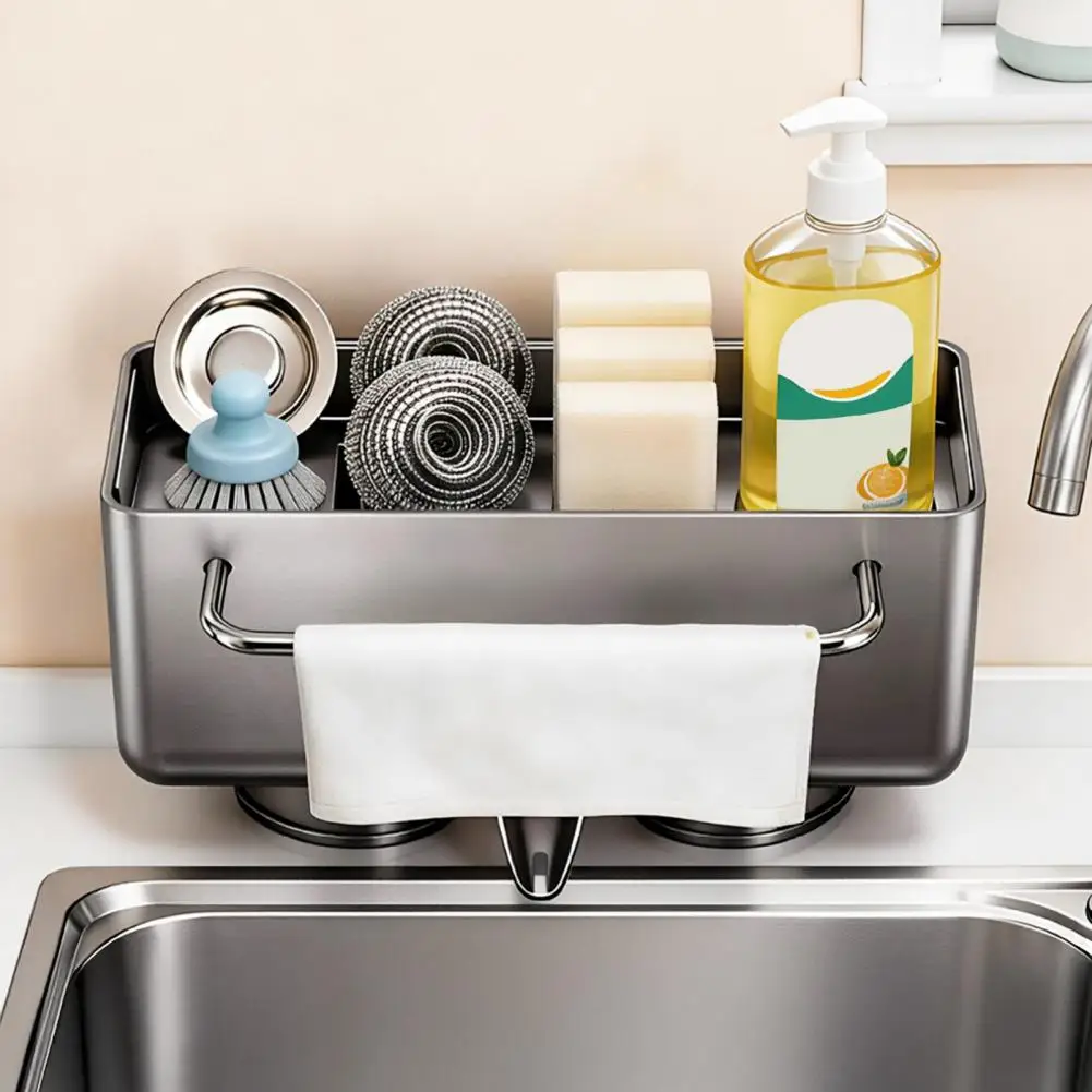 Sink Caddy Organizer Kitchen Sponge Holder Kitchen Sink Sponge Holder with Towel Bar 45° Tilted Self-draining for Brushes
