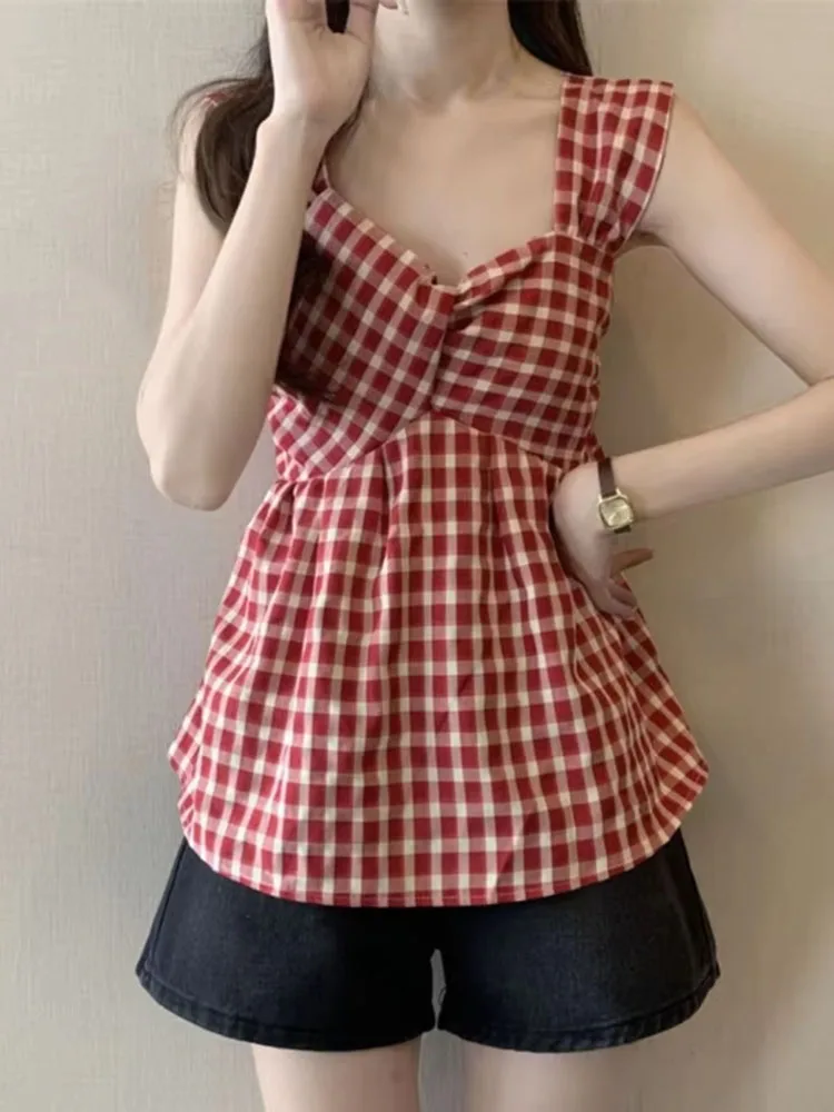 Women's Summer Red Plaid Sleeveless Asymmetrical Tank Top Y2k Bubble Hem Cami Blouse Casual Outerwear