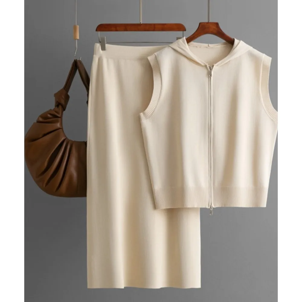 

Casual Knitting Hooded Collar Ribbed Sleeveless Zipper Vest 2-piece Skirt Set Spring Summer New Fashion Elegant Female Skirt Set