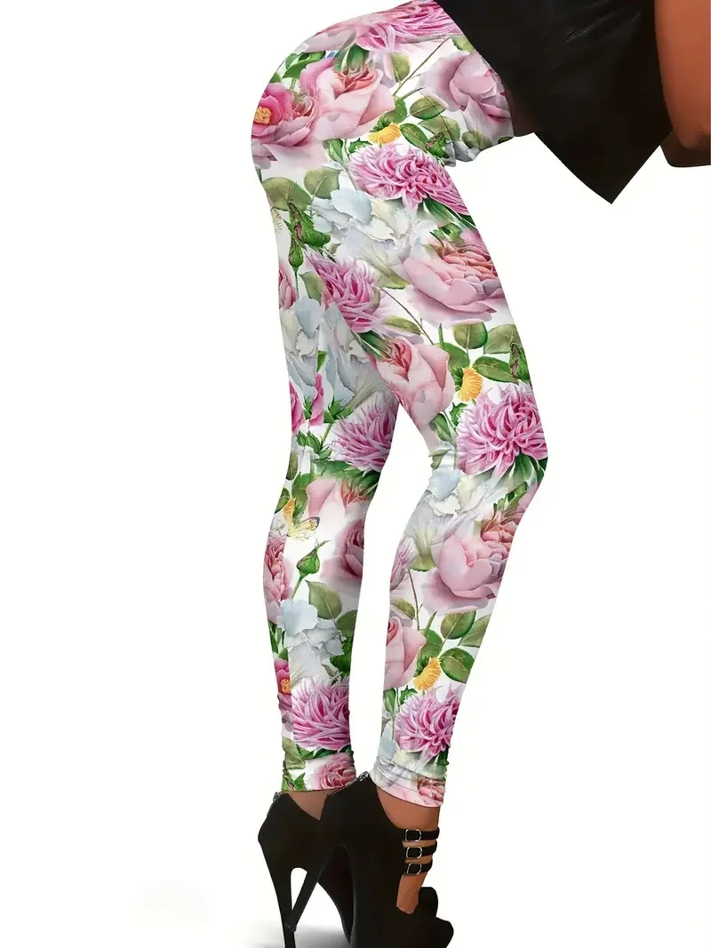 Flower print slim-fit elastic waist tights women\'s casual leggings daily work travel wear