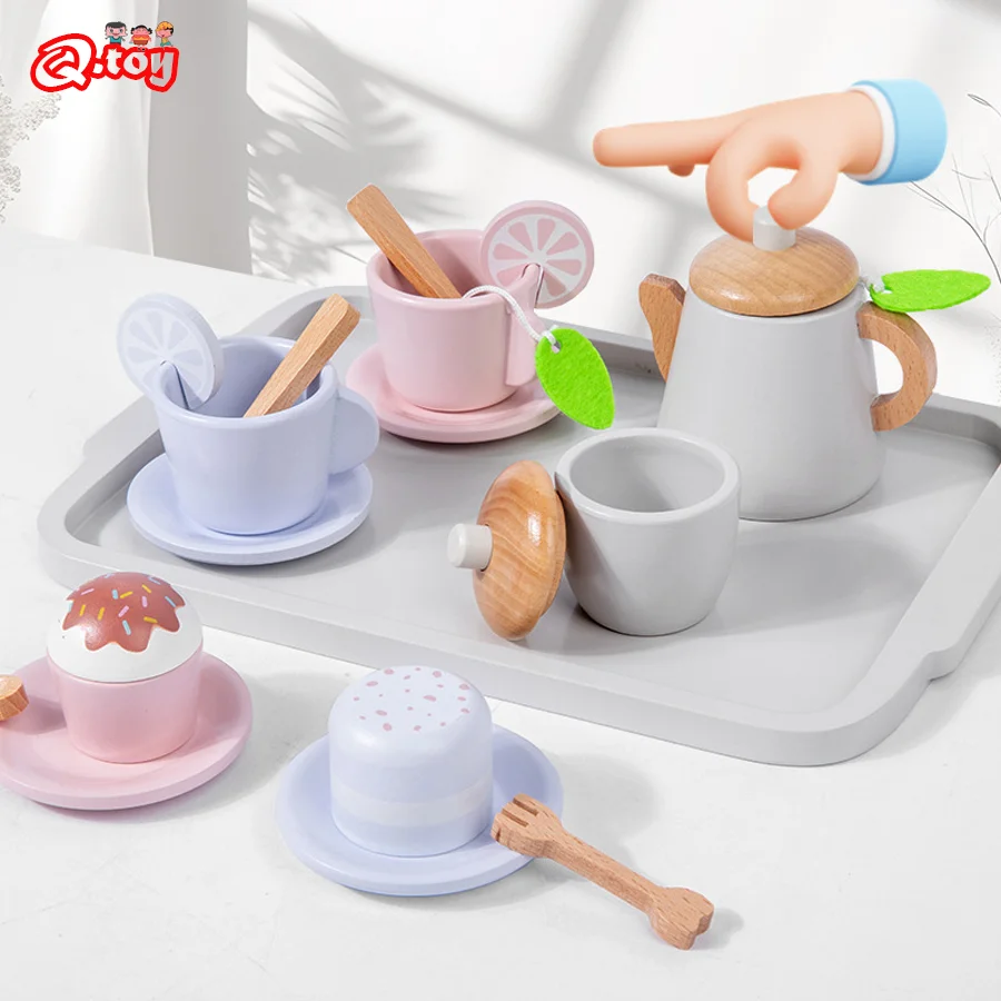 

Children Pretend Play Toys Wooden Simulation Role Play Cake Afternoon Tea Set Food Play Early Educational Toys for Girls and Boy