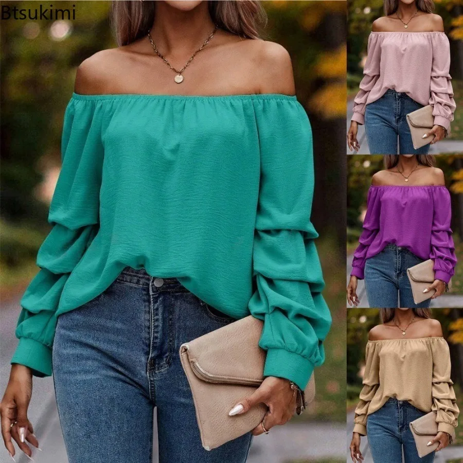 

2024 Fashion Women's Sexy Off Shoulder Blouses Solid Elegant Long Sleeve Slash Neck Pullover Tops Vintage Women Shirt Streetwear