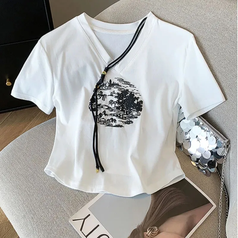 

Flower Chinese style Print T-shirt Casual Short Sleeve Crew Neck Tshirt For Spring & Summer Women's Clothing White Fashion Tees