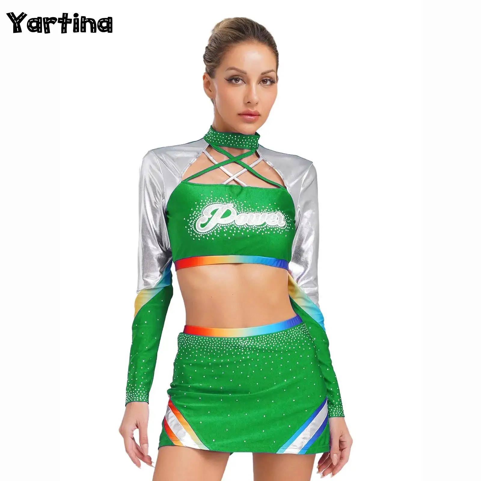 

Womens Rhinestone Cheerleading Uniform School Girls Cheerleader Cosplay Costume Long Sleeves Crop Tops with Dance Skirt Set