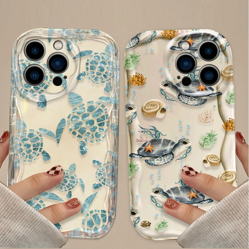 Summer Cartoon Ocean Turtle Wave Case For iPhone 15 14 13 12 11 Pro Max X XR XS 8 7 6 6S Plus SE 2020 Shockproof Silicone Cover