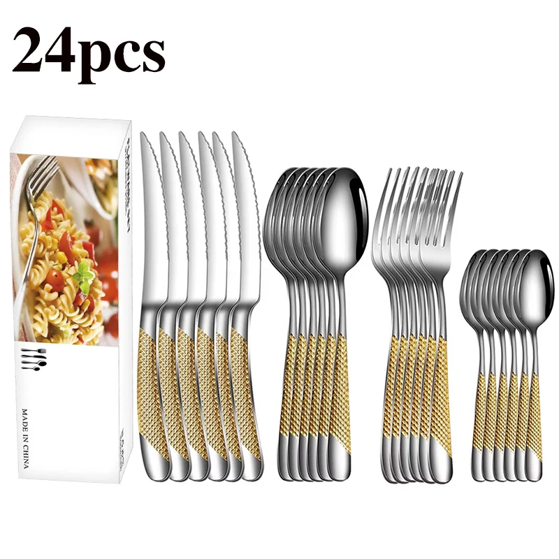 24pcs Stainless Steel Tableware Set, Including Knife, Fork, Spoon, Coffee Spoon and Gift Box, Suitable for Kitchen and Restauran