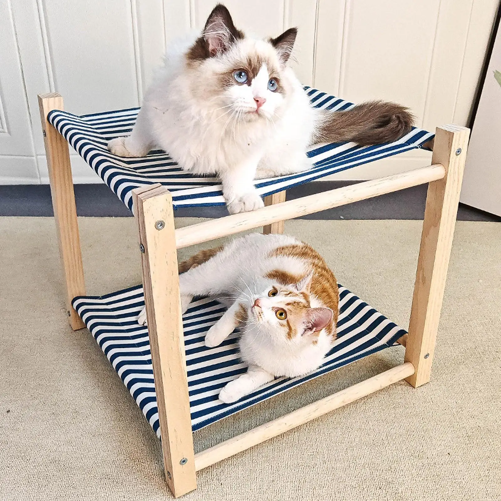 

2 Layer Cat Hammock Pet Cot Portable Wood Elevated Cat Bed Wood Frame for Small Pet Kittens Bunny Small Dogs Outdoor Indoor Cats