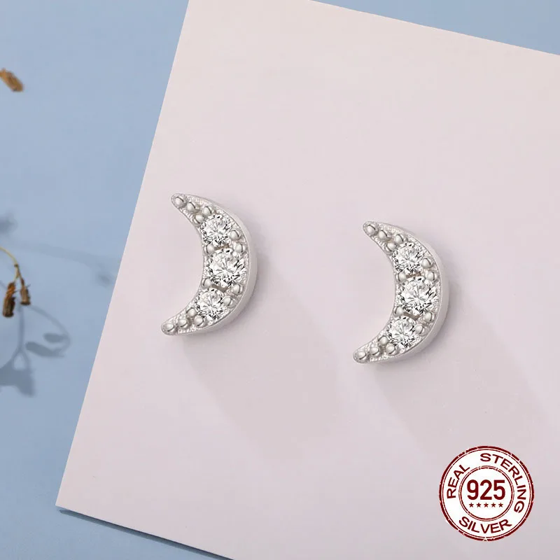 S925 Sterling Silver Exquisite Small Sparkling Moon Zircon Earrings For Women and Girls