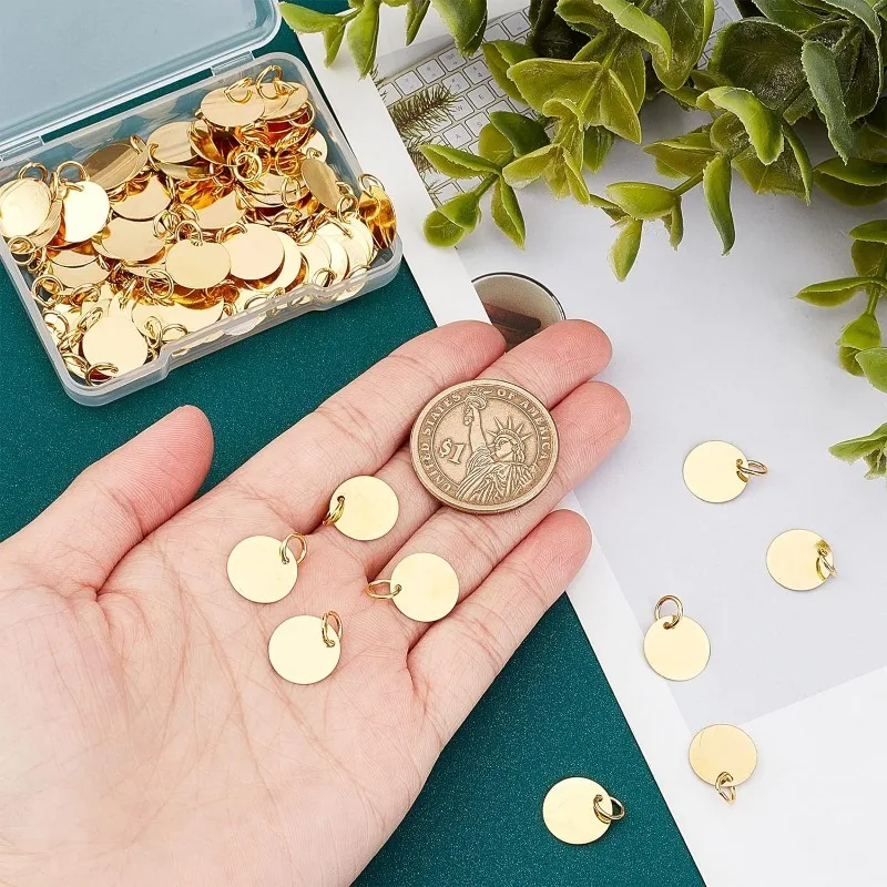 100Pcs Brass Stamping Blank Tag Charms 12mm Flat Round Metal Stamps Tags Golden Blanks Pendants with Jump Ring for Bracelet - view 5