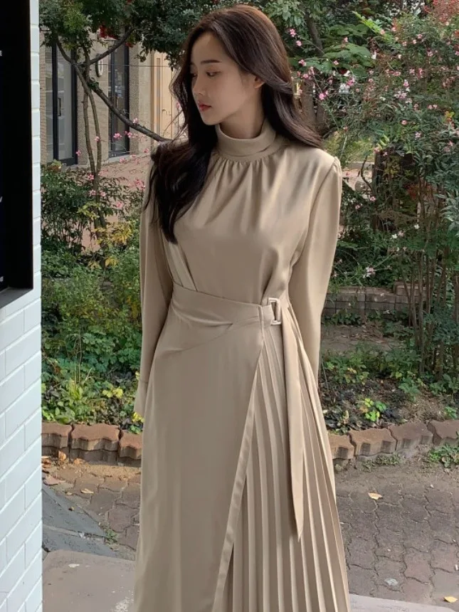 Ele Frühjahr Neue Sle High-End Stehkragen Sa Taille Abnehmen Plissee Lange Dr Frauen Faionable Chinesische Marke D...