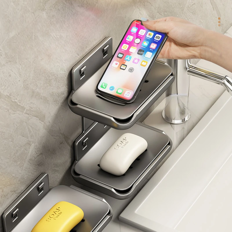 Wall-mounted Soap Box Perforation-free Bathroom Space Aluminum Wall Drain High-grade Body Soap Shelf Waterproof Moisture-proof