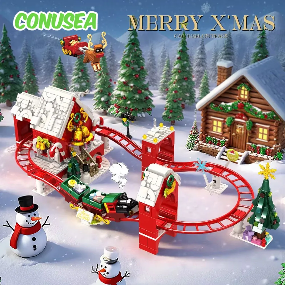 Weihnachtsbausteine-Set, 964-teilig, Mini-Zugstrecke, Untersetzer, Mikrostein-Montagespielzeug für Erwachsene, Jungen, Mädchen, Kinder, Geschenke