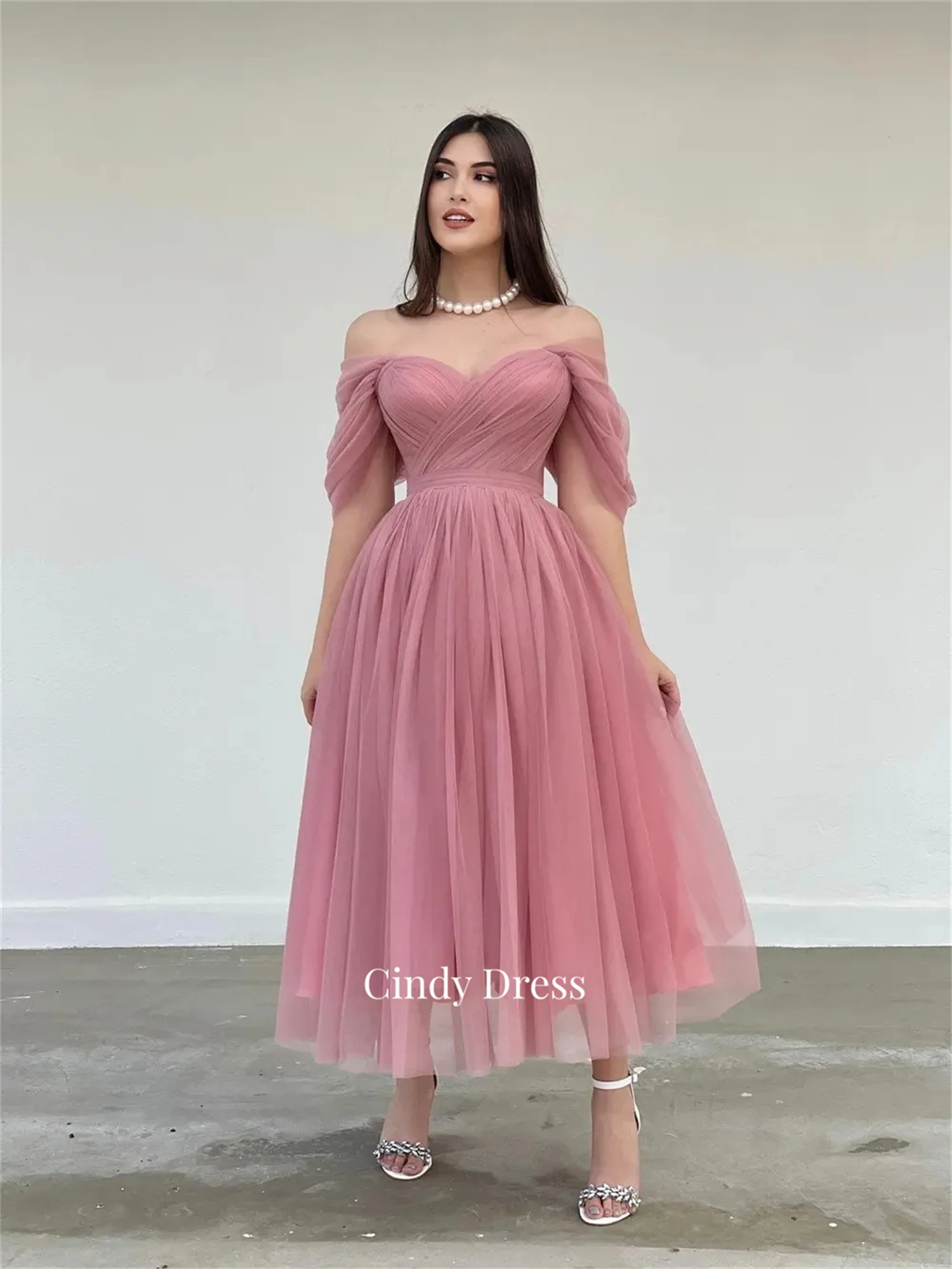 Cindy.Elegant Short Pink Tulle Evening Gown A Line Off Shoulder Tea Length Prom Dress for Women