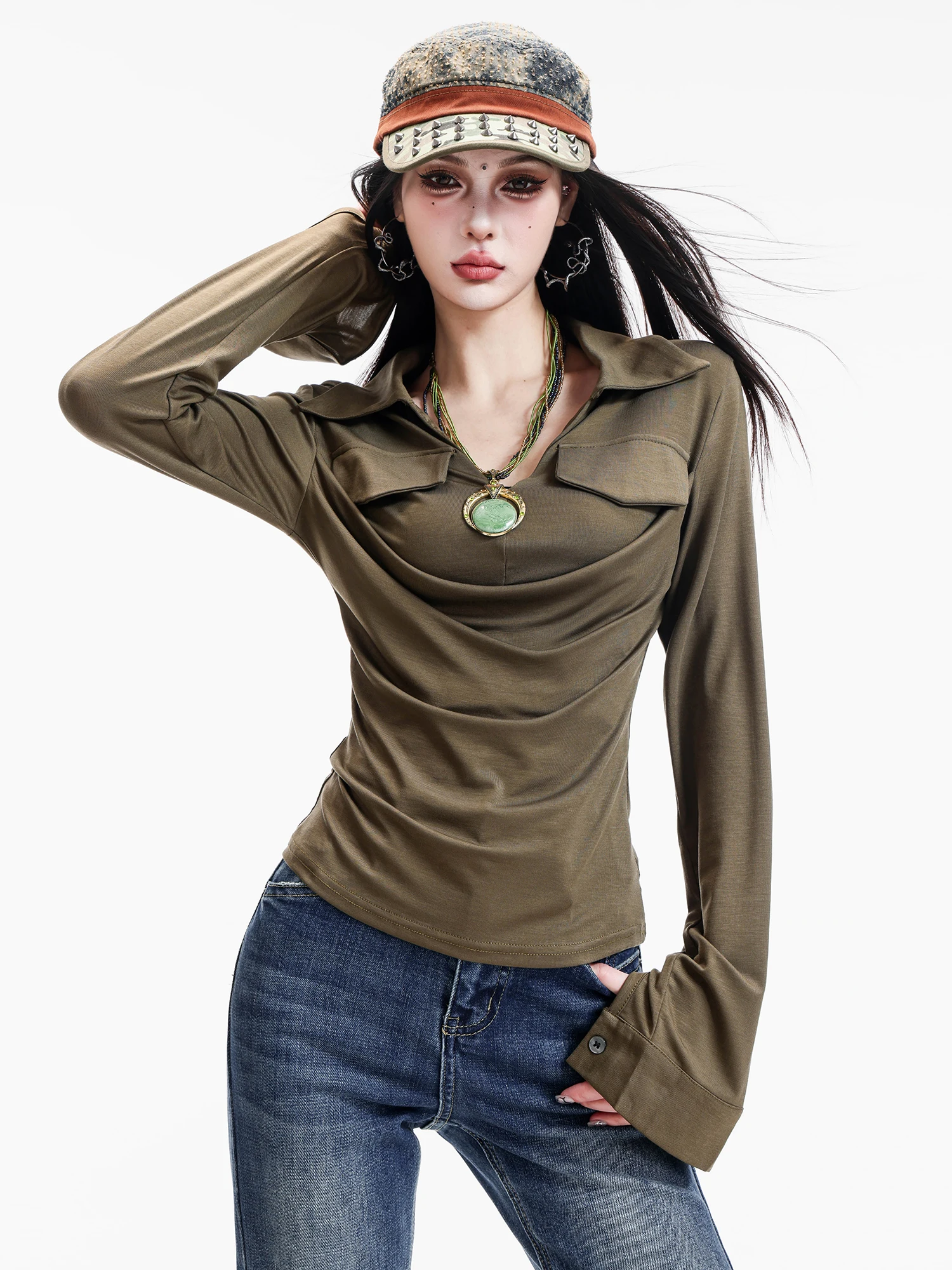 

Оригинальная американская женская футболка ABWLR с длинным рукавом, приталенная, с плиссированным дизайном, базовая, для девочек