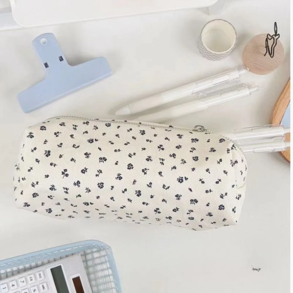 INS Floral Print Pen Bag Simple Cute Pencil Case Large Capacity Multifunctional Canvas Pen Box Desktop Stationery Organizer