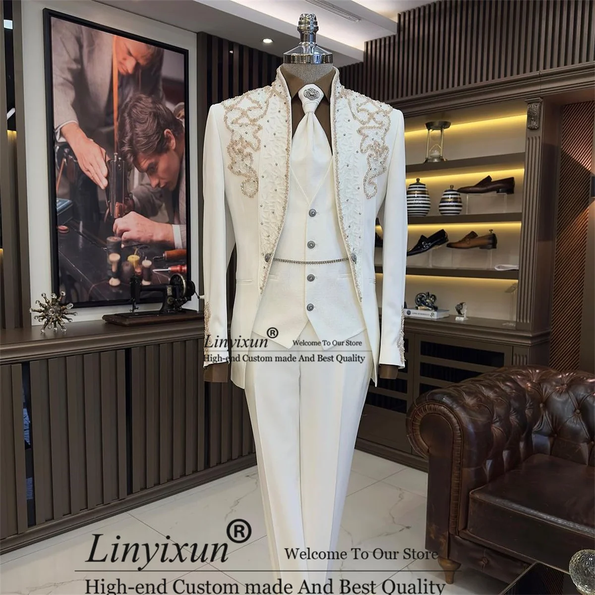 Luxury Beaded Men Suits Slim Fit White Wedding Groom Tuxedos Business Male Prom Party Blazers Customized vestidos de novia