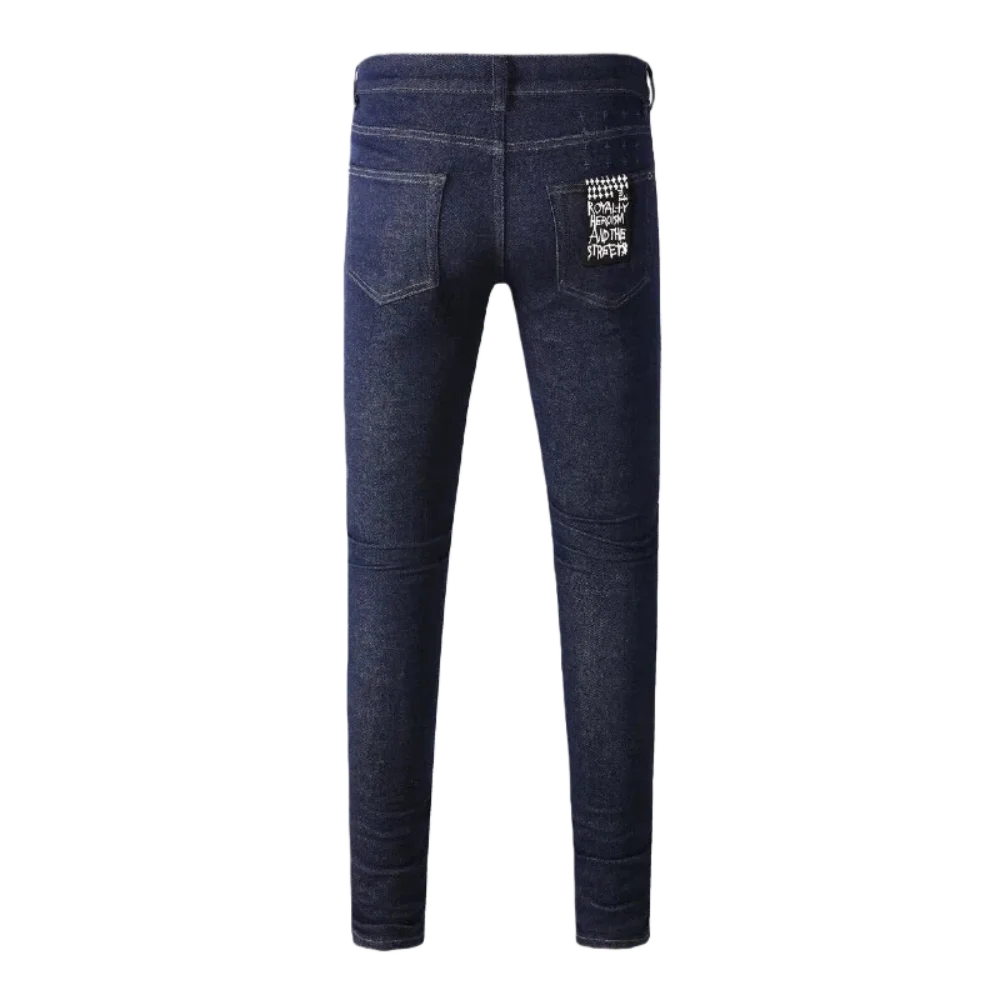 Pantalones vaqueros de calle azul oscuro de latón con letras bordadas para hombre, pantalones ajustados microestirados, pantalones que combinan con todo a la moda