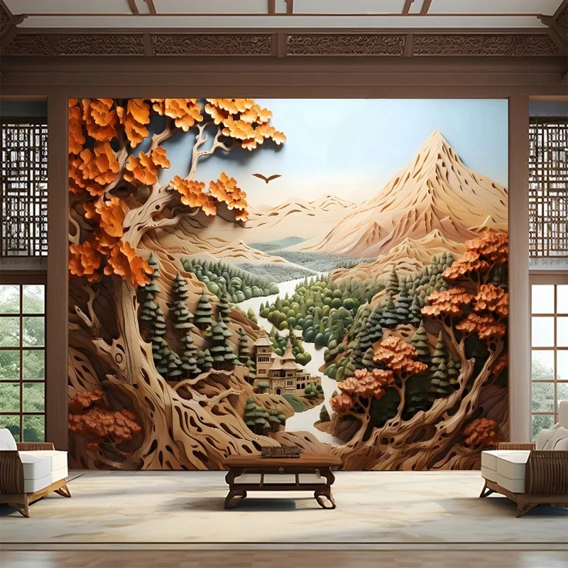 

Custom Size 3D Wood Carving Autumn Tree Mountain Landscape Painting Mural Canvas Wallpaper Living Room TV Background Wall Decor