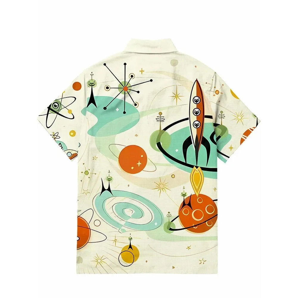 Camisas 100% de algodón con nave espacial atómica de los años 50, camisa hawaiana Retro de pesca para hombre, camisa con botones de manga corta de verano, Tops tropicales