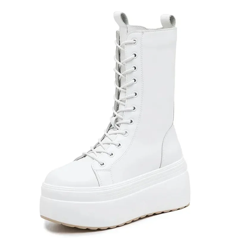 

High quality 8cm Winter Thick Sole Chunky Heel Shoes Boots Ankle Mid Calf Knee Leather High Boots Zipper Spring Autumn Booties