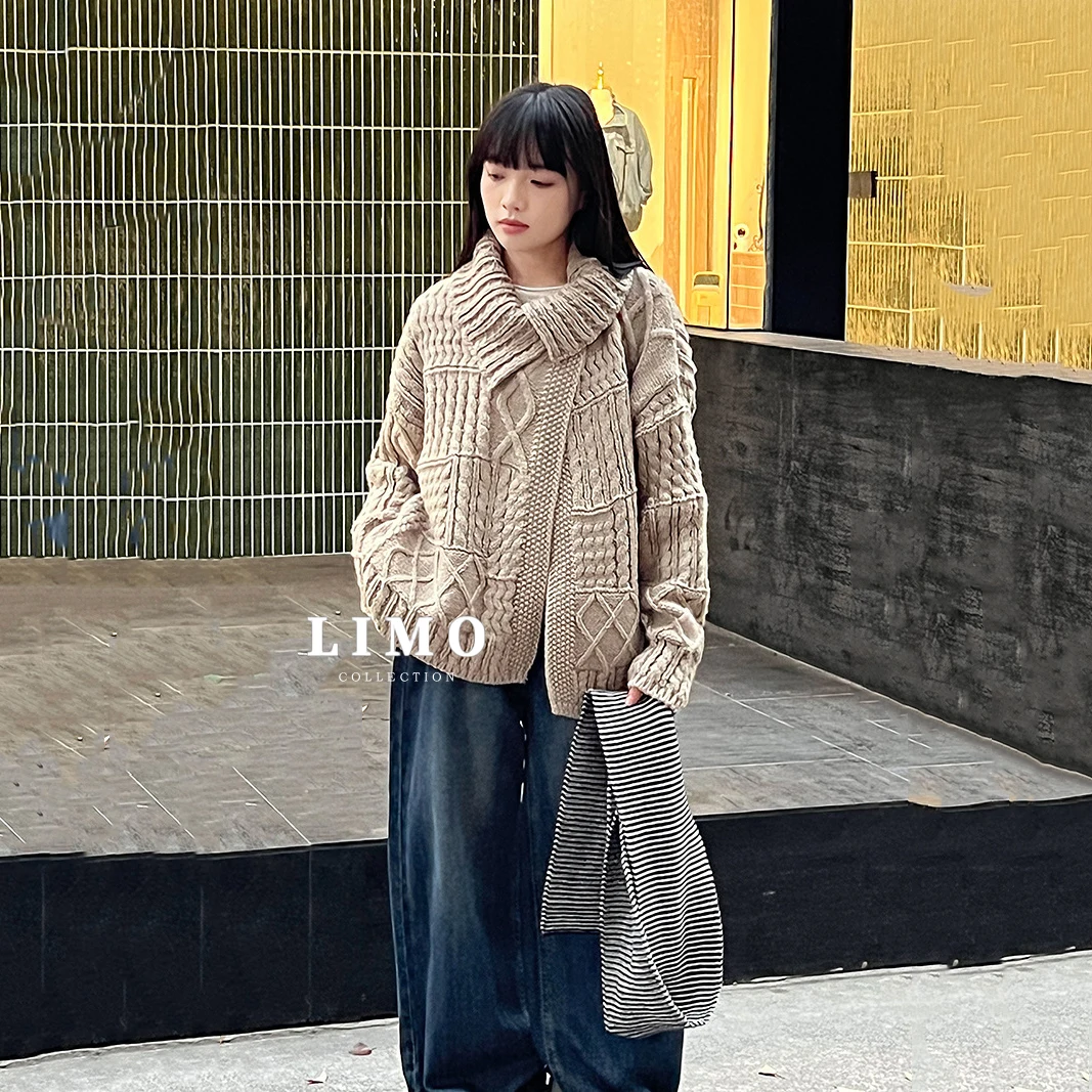 

LIMO шерстяной свитер в ленивом стиле с большим воротником для женщин, осенний нишевый дизайн, трехмерный вязаный свитер
