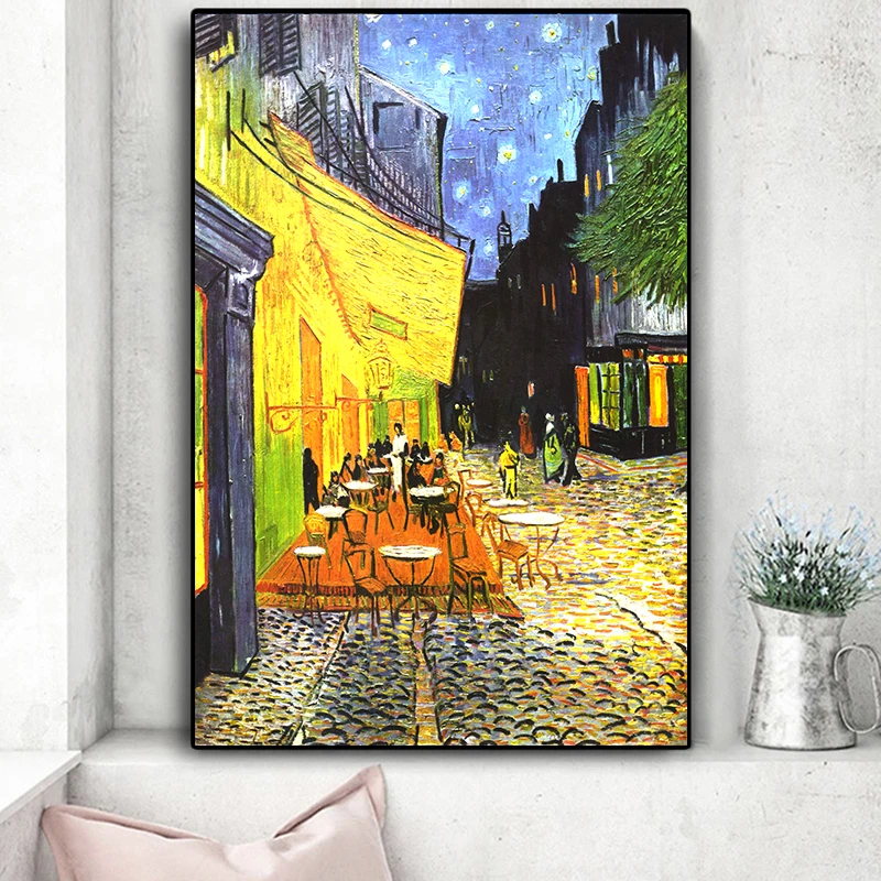 Van Gogh café terraza por la noche análisis lienzo pintura pintura al óleo de fama mundial carteles artísticos de pared e impresión decoración del hogar Cuadros