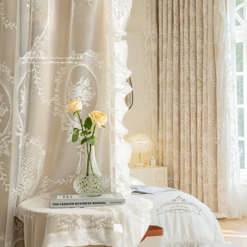 

French Light Luxury Curtain Blackout Bedroom Double Layer Lace Gauze Curtains Princess Style Cream 2023 New Living Room Drapes